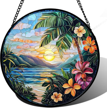 DASTOLL Stained Glass Window Hanging, Colorful Landscape Suncatcher for Doors Home Sun Catchers Decoration and Christmas, Mother's Day Birthday Gifts for Women, Men, and Mom 14.9x14.9 in