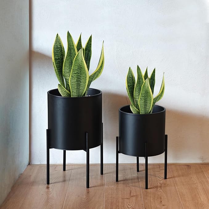 ARNIS Modern Plant Pots, Large Planters with Stand, Set of 2 Decorative Planters, Metal Plant Pots with Drainage Holes for Living Room, Office, Garden or Balcony, 10.5 &12.25 Inch, Black