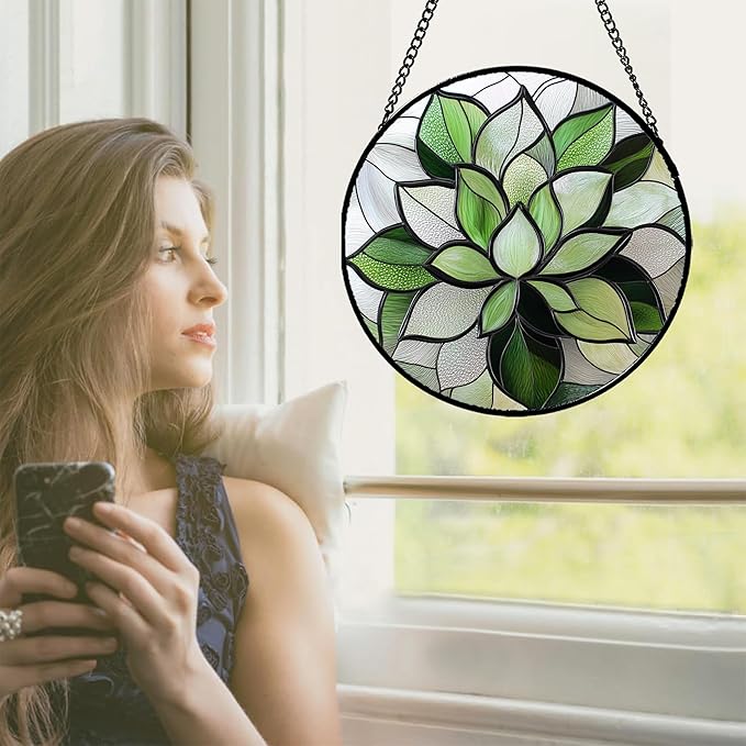 Stained Glass Window Hanging - Ireland Green Plants Suncatcher for Doors Garden Succulent Sun Catchers Decor Mother's St. Patrick's Day Birthday for Women Men Mom Nana 11.8 in