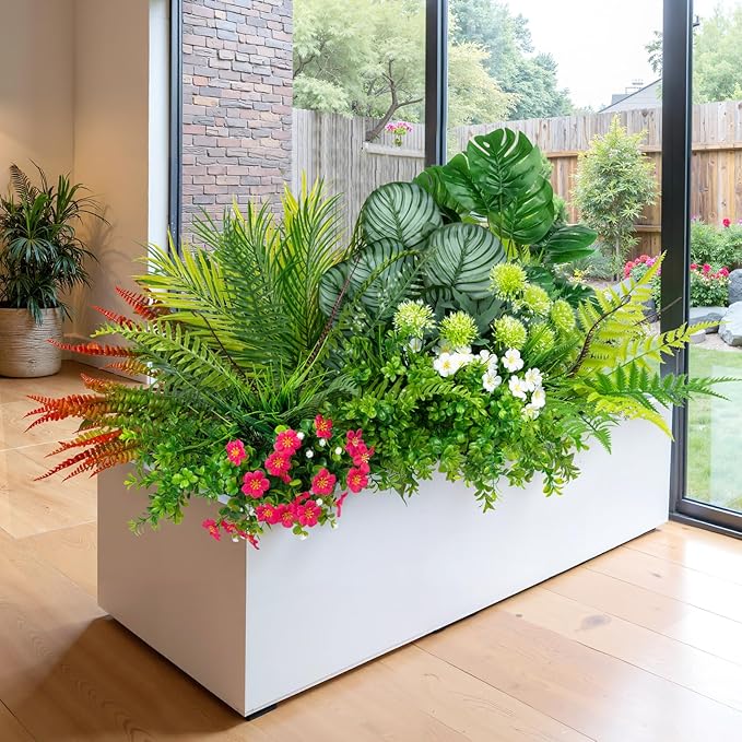 20 Pcs Artificial Plants Outdoor Fake UV Resistant Artificial Flowers Greenery Stems Boston Fern Faux Shrubs Plastic Plants for Garden Porch Planter Window Box Home Decor