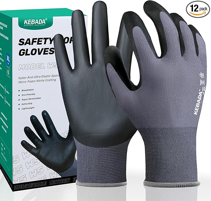 Kebada Work Gloves for Men and Women, Foam Nitrile Coated Safety Gloves with Grip, Ideal for Warehouse Package Handling, Gardening, Mechanic and Construction, XL