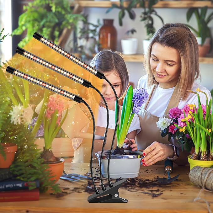 3 Heads Plant Lights for Indoor Growing, 2 Pack Grow Lights for Seed Starting, Full Spectrum Clip Grow Lamps with Auto ON & Off Timer 3/9/12H, 3 Switch Modes, 10 Dimming for Houseplants