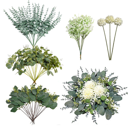 103 Pcs Mixed Artificial Eucalyptus Stems with Baby's Breath, 5 Kinds Faux Greenery Stems Bulk for Wedding DIY Bouquets, Realistic Silk Silver Dollar Eucalyptus Leaves for Vase, Home & Party Decor