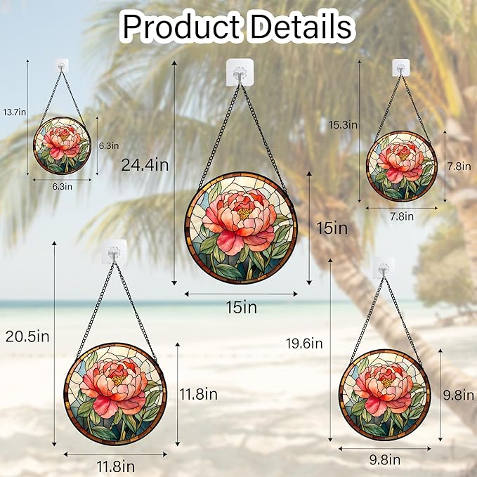 HWRHTR Stained Glass Window Hanging - Pink Peony Floral Suncatcher for Door Garden Yard Birth Flower Sun Catchers Decor Christmas Mother's Day Birthday Gifts for Women Mom Nana Wife Teacher 7.8 in