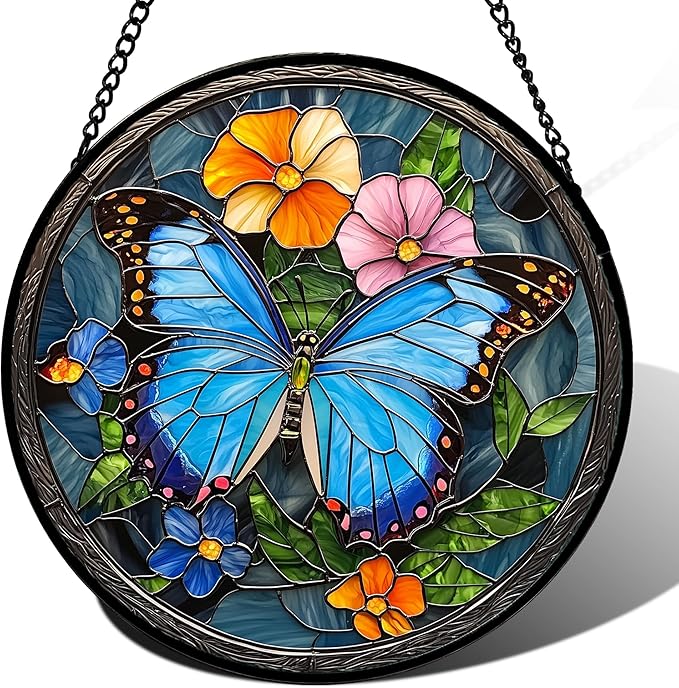 HWRHTR Stained Glass Window Hanging, Blue Butterfly Flower Suncatcher for Doors Home Sun Catchers Decoration and Christmas, Mother's Day Birthday Gifts for Women, Men, and Mom 9.8 in
