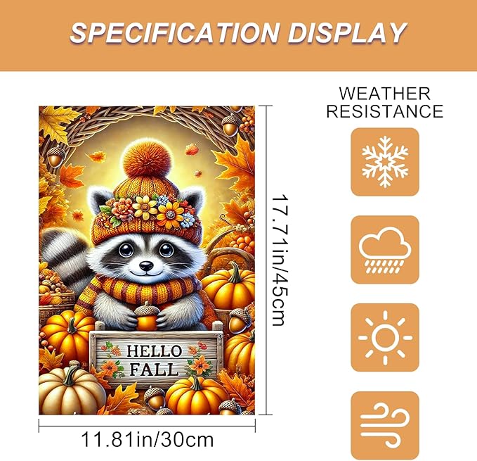 Hello Fall Garden Flag Cute Raccoon Autumn Hat Pumpkins Acorns 12x18 Inch Double Sided Outdoor Banner For Front Yard Porch Lawn Patio Thanksgiving Flag Seasonal Home Decor