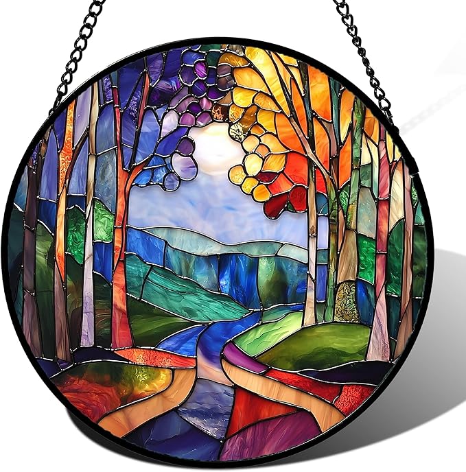 Stained Glass Window Hanging, Colorful Forest Landscape Tree Suncatcher for Doors Window Home Abstract Sun Catchers Decoration Mother's Day Birthday Gifts for Women, Men, and Mom 11.8 in