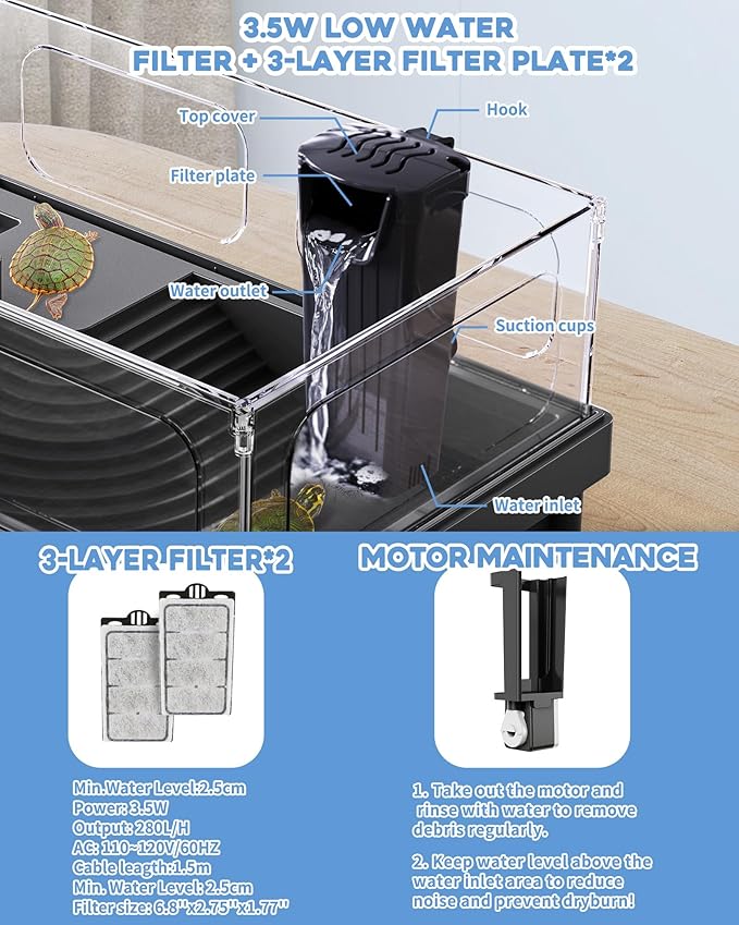 MoonOrange Small Turtle Tank, Aquarium, Acrylic Terrarium with Basking Platform, Bottom Drainage, Multi-Function Areas for Turtles, Crabs, Crayfish, Reptiles.(Black+Filter)