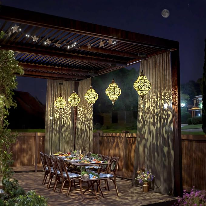 Hanging Solar Lights Outdoor Garden Decor Solar Lantern Waterproof Plastic Moroccan Outdoor Decorations for Patio Pathway Yard Backyard Garden Decorative (1 Pack, Bronze)