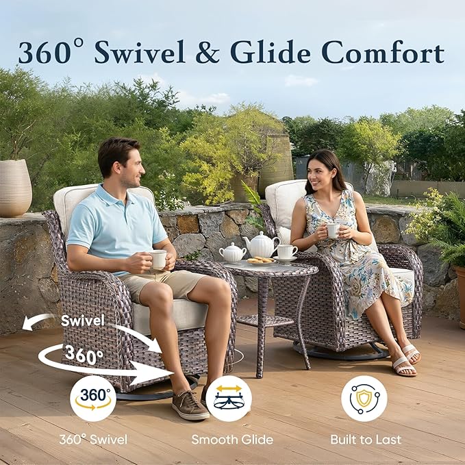 Belord Luxury 6" Thick Cushioned Outdoor Swivel Rocker Patio Chairs Set of 4 with Side Table, High Back Wicker Furniture Set with Ergonomic Zone Back, Conversation Set for Deck Porch - Brown+Blue