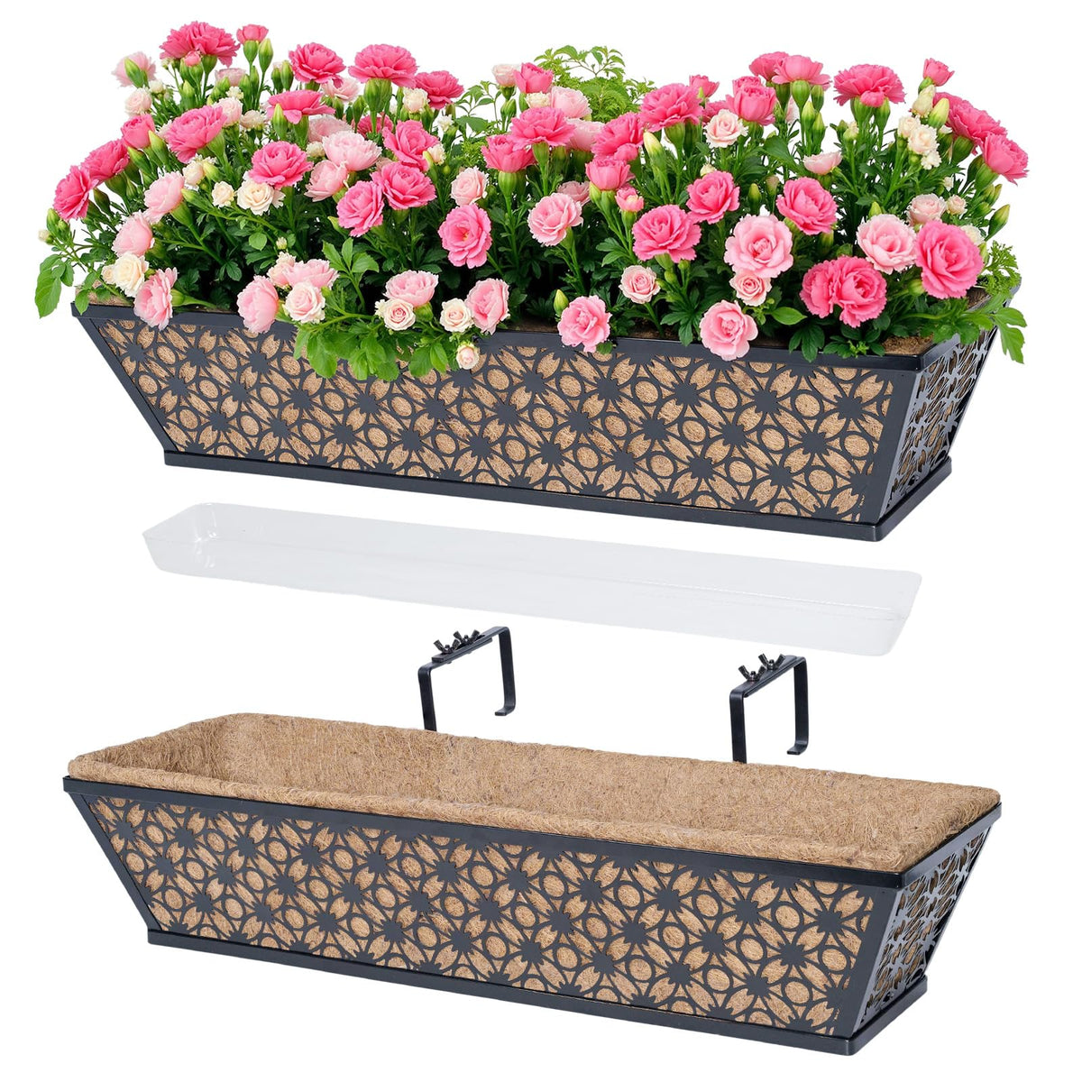 hehimhis 24 Inch 2 Pack Railing Planter Box with Adjustable Bracket,Window Planter Boxes Outdoor for Porch,Balcony Planters Railing Hanging,Fence,Patio Hanging Planters for Garden