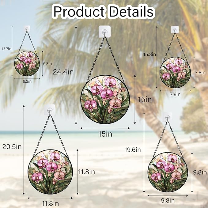 AMDERVEN Stained Glass Window Hanging - Pink Phalaenopsis Orchid Green Leaves Sun Catcher for Door Home Decor Flower Suncatcher Christmas Mother's Day Birthday Gifts for Women Men Mom Nana 11.8 in