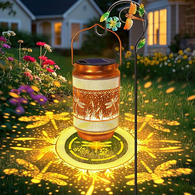 Dragonfly Solar Lanterns Outdoor Waterproof with Shepherd Hook, Birthday Gifts for Women Mom Grandma, Metal Solar Hanging Lights Garden Decor for Outside Yard Patio Pathway Backyard Porch