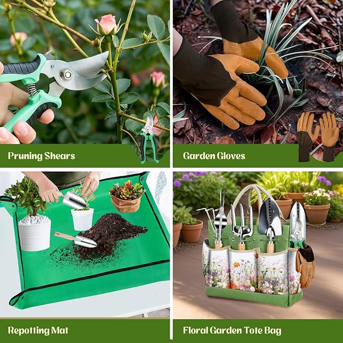 Garden Tools 9-Piece Heavy Duty Gardening Hand Tools with Floral Organizer Tote Bag, Rust-Proof Garden Tool Set, Thickened Repotting Mat, Gardening Gifts for Women Mom, Green