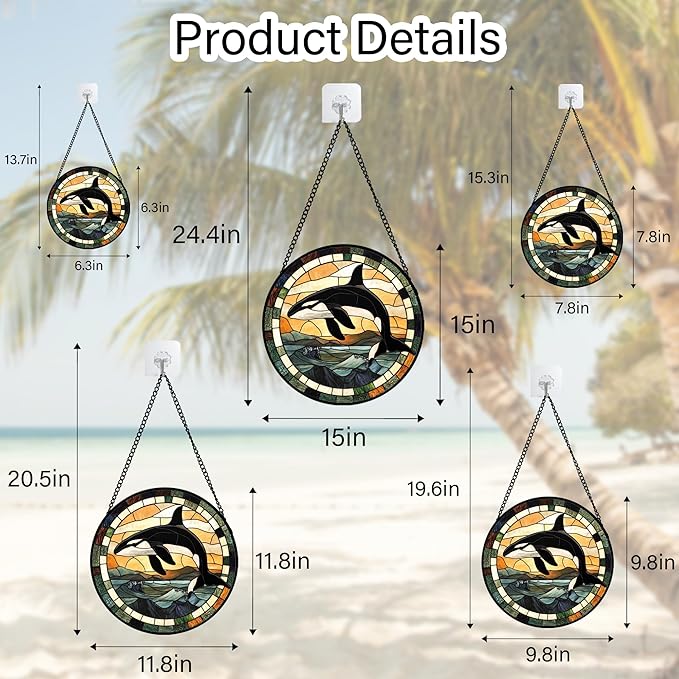 Stained Glass Window Hanging Ocean Wave Killer Whale Large 15" - Suncatcher Door Garden Sunroom Sun Catcher Home Decor Birthday Christmas for Mom Men Woman Nana