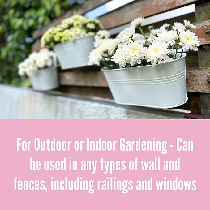 LaLaGreen Rail Planter Outdoor Plants (8 Pack, 11.8 Inch) White Metal Iron Hanging Flower Pots Deck Railings Fence Buckets Modern Countryside Boho Style Wall Mount Window Box Holder Hooks Porch Decor
