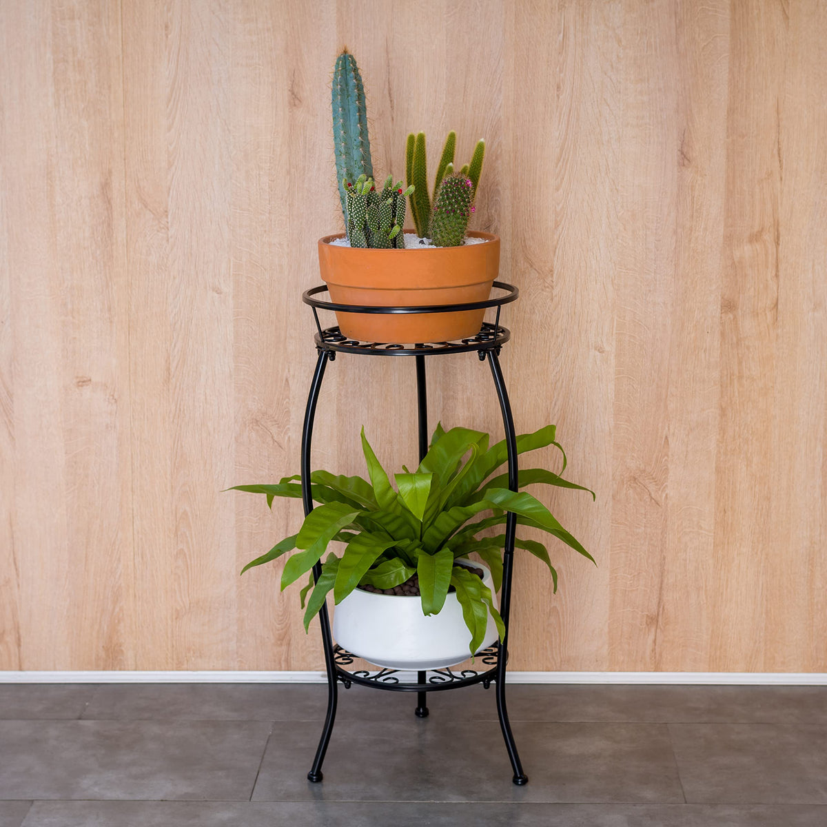 FaithLand 2 Tier Tall Black Metal Plant Stand Indoor Outdoor, 26.5"