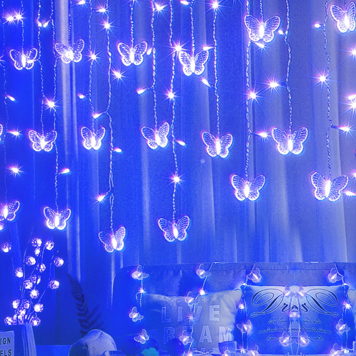 Blue Butterfly Curtain Fairy Lights USB Plug in,120 LED 8 Modes 20FT Firefly Twinkle Icicle String Lights with Remote Timer Waterproof for Bedroom Christmas Wedding Party Dorm Decor