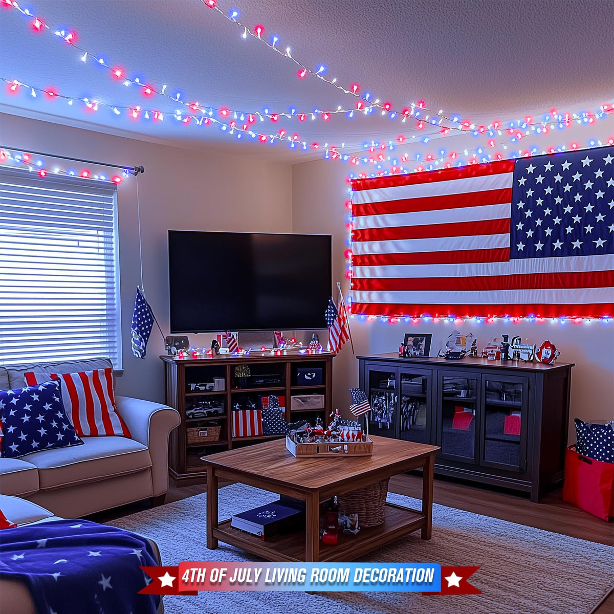 JMEXSUSS 400 LED Red White and Blue String Lights Outdoor, Plug in