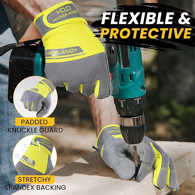 HANDLANDY Work Gloves for Men & Women, Utility Mechanic Working Gloves Touch Screen, Flexible Yard Work Gloves