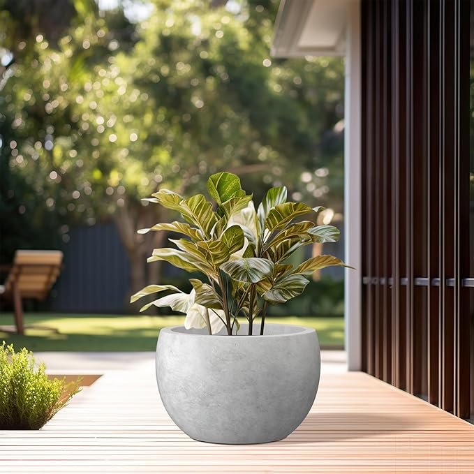 Kante 11.8" Dia Round Concrete Planter, Outdoor/Indoor Large Bowl Plant Pots with Drainage Hole and Rubber Plug for Garden Patio Balcony Home, Natural Concrete