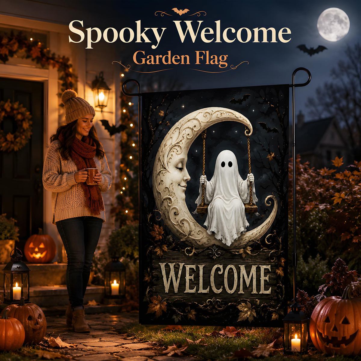 Halloween Decorations - Ghost Swinging on Moon Welcome Garden Flag
