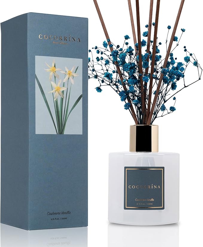Cocorrína Premium Reed Diffuser Set with Preserved Baby's Breath, Cashmere Vanilla | 6.7 fl oz Reed Diffuser for Bedroom Bathroom Home Décor