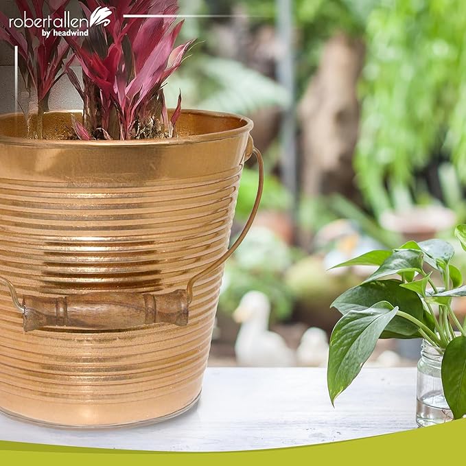 Headwind Robert Allen Vintage Ribbed Metal Planter with Handle, 10-Inch, New Penny – Lightweight Indoor/Outdoor Flower Pot with Drainage Hole