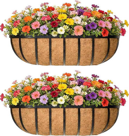 36 Inch Railing Planter Window Box Deck Balcony Rail Planter with Coco Liner Metal Wall-Mounted Coconut Liner Planters Basket Horse Trough Planters for Outdoor Balcony Porch Fence Patio (2 Pack)