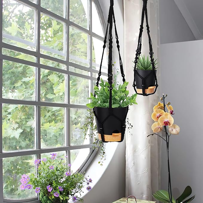 GARDIFE Hanging Planters for Indoor Plants,5Pcs Hanging Basket for Indoor Boho Home Decor,Macrame Plant Hanger,35 Inches,29Inch,23Inch, Ivory,Self Watering Planters, 7/6.5/6/5.5/5 Inch,Black&Black