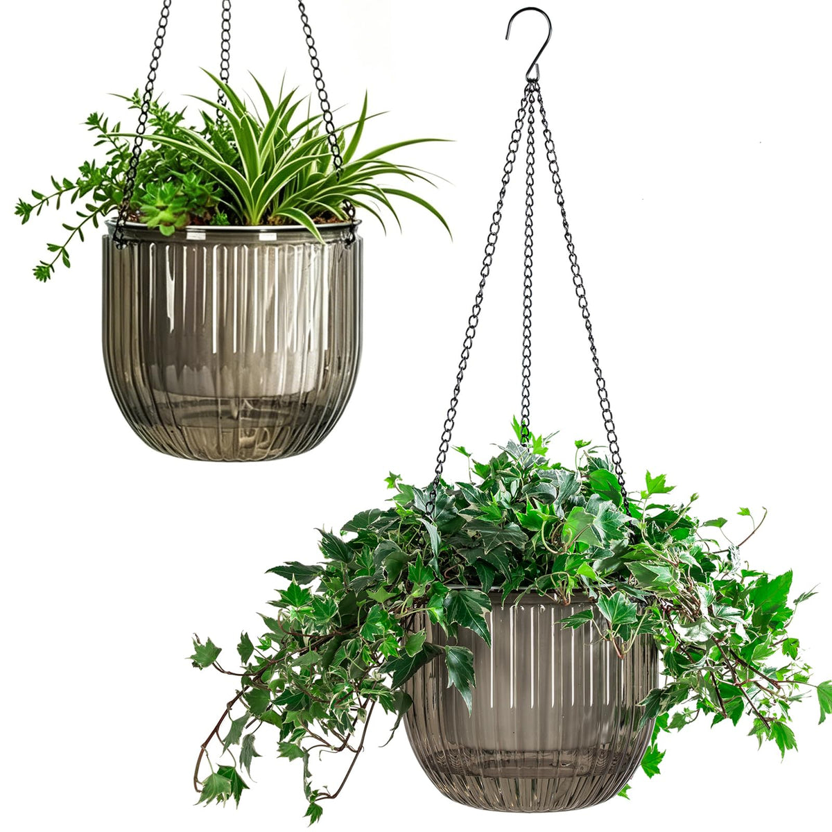 Melphoe 2 Pack Self Watering Hanging Planters Indoor Flower Pots, 8.3 Inch Outdoor Hanging Basket, Plant Hanger with 3Hooks Drainage Holes for Garden Home (Gray)