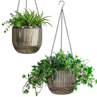 Melphoe 2 Pack Self Watering Hanging Planters Indoor Flower Pots, 8.3 Inch Outdoor Hanging Basket, Plant Hanger with 3Hooks Drainage Holes for Garden Home (Gray)