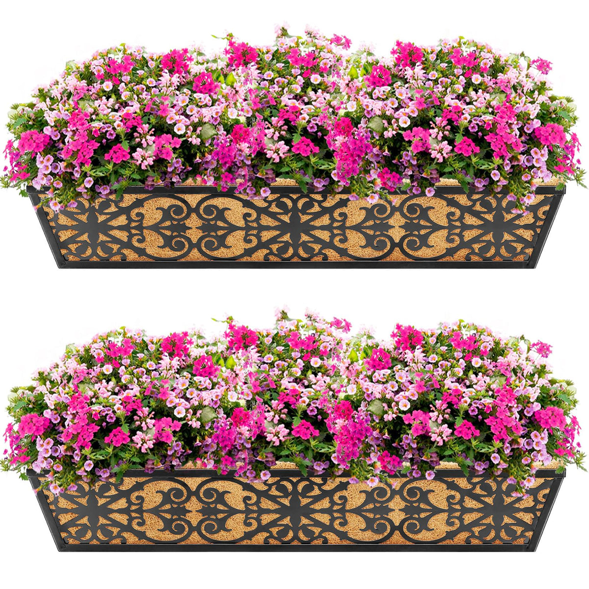 Karlliu 2 Pack 30 Inch Window Boxes Planters Railing Planter Box with Adjustable Brackets & Coco Liners Fabric Plant Grow Bags Deck Railing Planter Boxes Balcony Hanging Flower Box for Outdoor Plants