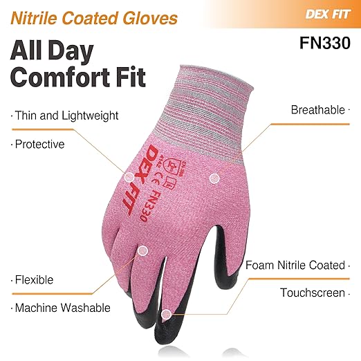 DEX FIT Nitrile Work Gloves FN330, 3D-Comfort Stretchy Fit, Firm Grip, Thin & Lightweight, Touch-Screen Compatible, Durable, Breathable & Cool, Machine Washable; Pink XS (6)