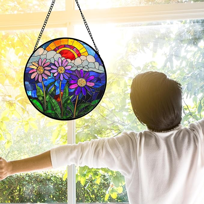 Stained Glass Window Hanging, Butterfly and Sunflowers Sun Catchers Glass Panel Plant Insects Suncatcher Decor for Birthday for Women, Men, Wife, Aunt, and Mom 6.3 in