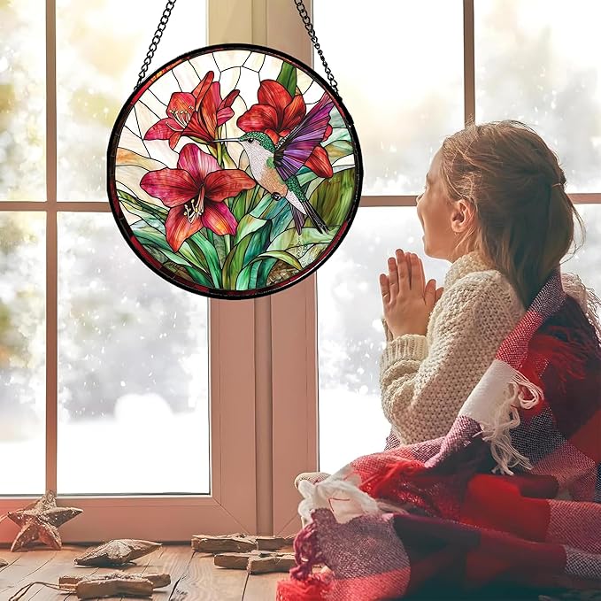 AMDERVEN Stained Glass Window Hanging - Hummingbird On Red Lily Flower Sun Catcher for Door Garden Decor Suncatcher Christmas Mother's Day Birthday Gifts for Bird Lovers Women Men Mom Nana 11.8 in