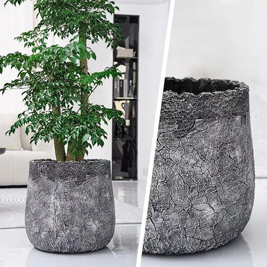 ShangDemonMaster Craft flowerpots 18"+13"+9" Dia Round Concrete Planter Set of 3 Large Outdoor/Indoor Planter Pots Containers with Drainage Holes and Rubber Plug for Home Garden (Dark Gray, Large)