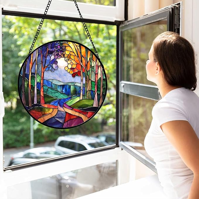 Stained Glass Window Hanging, Colorful Forest Landscape Tree Suncatcher for Doors Window Home Abstract Sun Catchers Decoration Mother's Day Birthday Gifts for Women, Men, and Mom 6.3 in