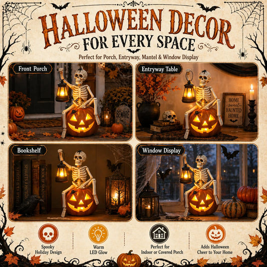 LocusArs Halloween Outdoor Decorations Solar Lighted Skeleton Pumpkin Statue with Lantern 9.3 Inch Resin Jack O Lantern Yard Decor Halloween Skeleton Decoration for Porch Patio Garden Lawn