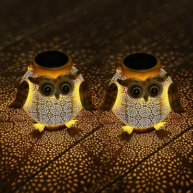 2 Pack Hanging Solar Lanterns - Garden Light Waterproof Metal Decorative Solar Lantern Lights Outdoor for Patio Yard Table Pathway with Owl Pattern