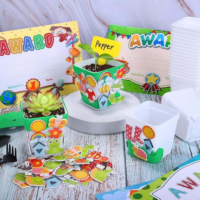 Elcoho 36 Set Garden Plastic Pot Craft Kit Plant Spring Craft Kits for Kids Flower Pots with 150 Foam Stickers 36 Labels 24 Certificate of Awards 3 Tools Planting Growing Kit for Kids, White