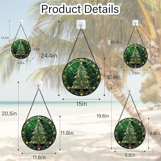 Stained Glass Window Hanging - Green Christmas Tree with Golden Stars Suncatcher for Doors Home Christmas Decoration Sun Catcher Thanksgiving New Year Birthday Gifts for Women Men Mom Nana 6.3 in