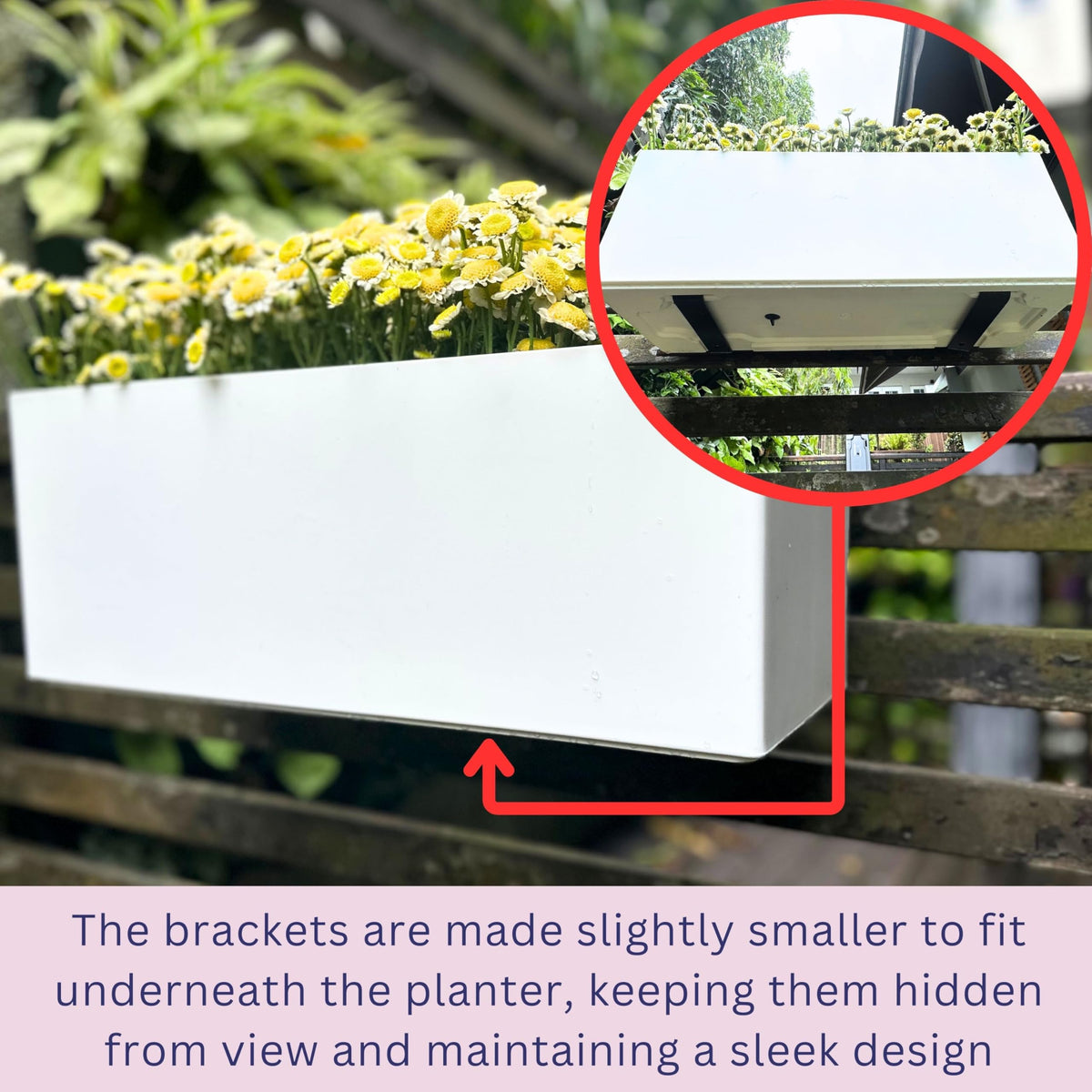 LaLaGreen Railing Planter Box (20 Inch, 4 Pack) White Rectangular Window Flower Boxes with Bracket, Self Watering System Hanging Planter Box for Outdoor Plant Pots Container Deck Rail Fence Balcony