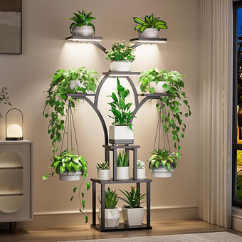 Elbourn Plant Stand Indoor with Grow Lights - 60" Tall Metal Plant Shelf for Multiple Plants, 8 Tiered Corner Plant Stands for Indoor Plants, X - Shaped Decorative Rack for Home, Living Room & Patio Decor (Black)