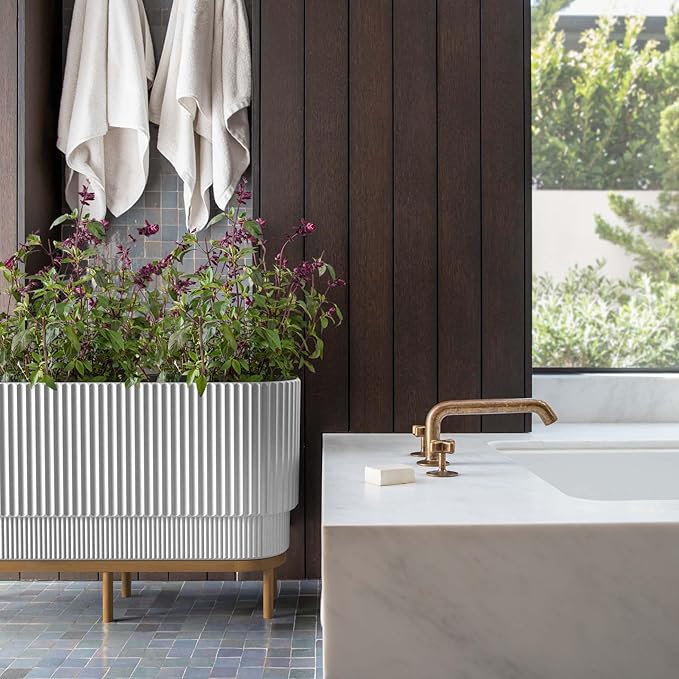 Veradek Demi Series Raised Long Planter for Indoor/Outdoor Use | Made from Plastic & Stone w/Wooden Stand | Modern Patio Décor for Flowers/Shrubs