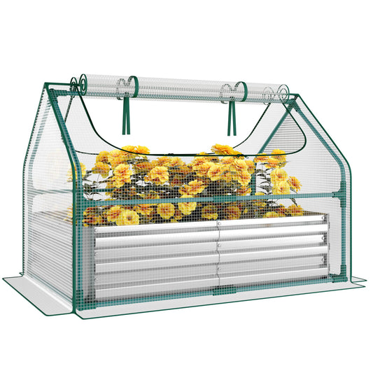 Miory Raised Garden Bed with PE Cover, 4x2.5x1 FT Galvanized Planter Box Outdoor with Mini Greenhouse, 2 Zippered Windows for Vegetables, Flowers, Includes Plant Labels & Gloves