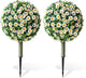 Set of 2 Artificial Topiary Ball Trees with White Mum for Outdoor with Ground Spike,22" UV Resistant Faux Boxwood Ball Tree, Fake Green Boxwood Plants for Garden, Yard, Porch, Patio Decor