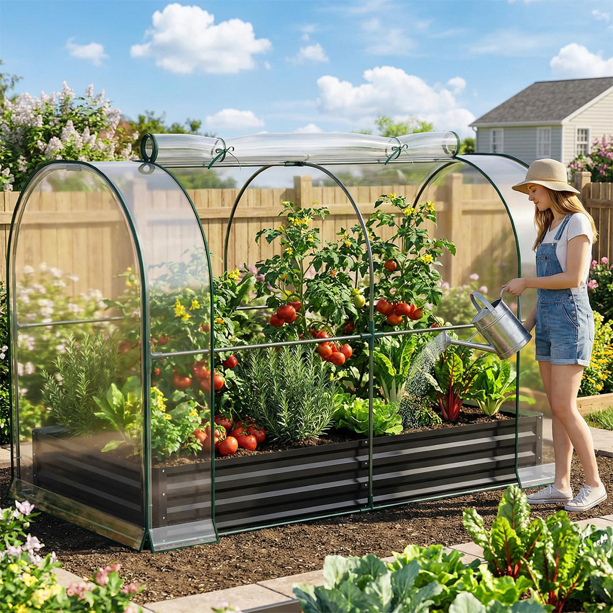 SUNYRISY Galvanized Raised Garden Bed with Greenhouse