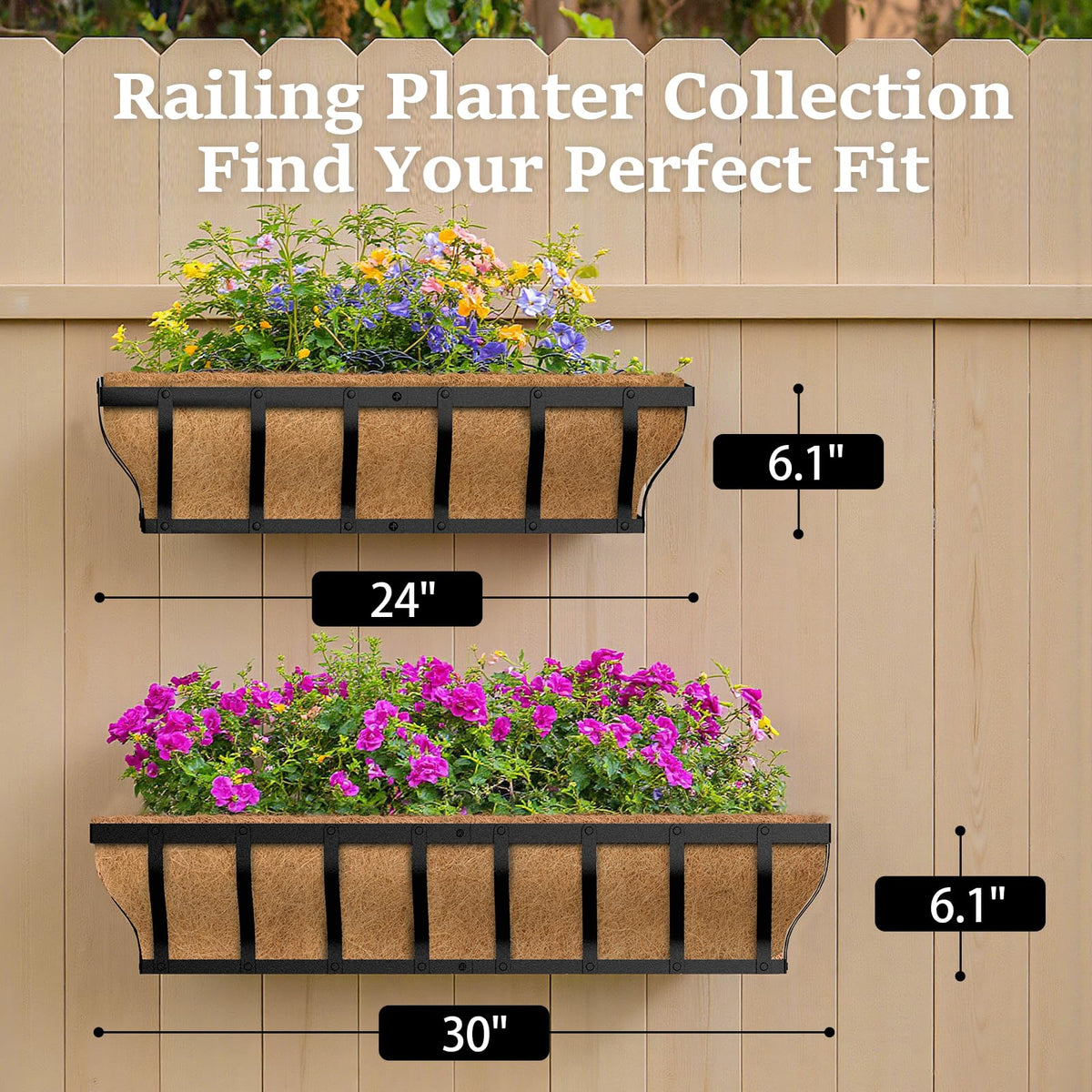 VOXOR Railing Planter Boxes, Heavy Duty Window Box Planters, Adjustable Balcony Planters for Railing Hanging, with Coco Liner for Deck, Porch, and Patio Gardening (3 Pack, 30 Inch)