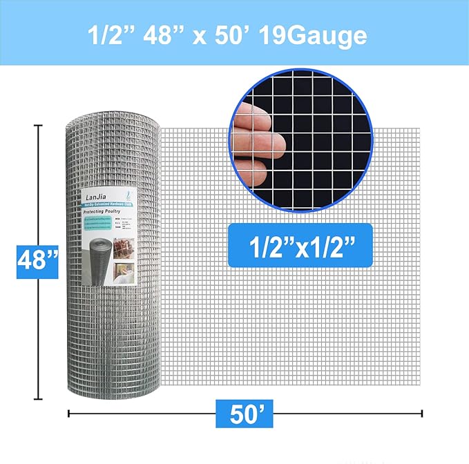 Hardware Cloth 1/2 inch 48 in x 50 ft 19 Gauge, Hot-dip Galvanized After Welding, Chicken Wire Fencing, Garden Fencing Welded Wire Cloth Garden Fence Chicken Coop/Run Wire